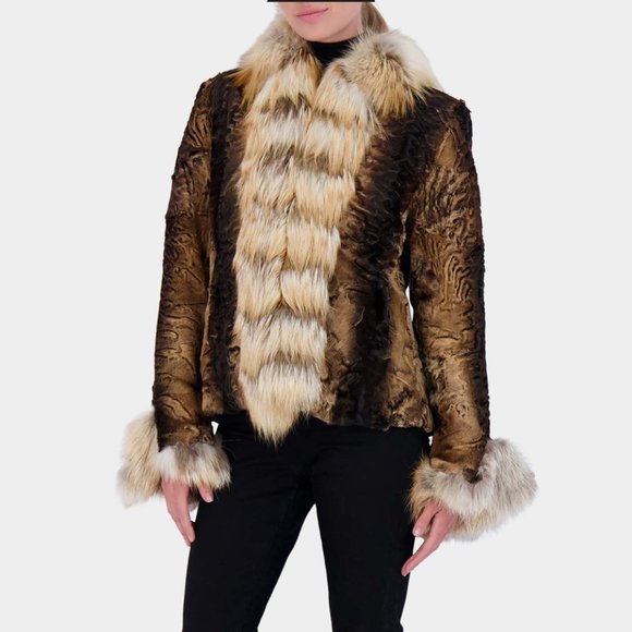 Genuine Karakul Persian Lamb Medium Fox Fur Trim Coat Neiman Marcus $6k - Picture 2 of 14